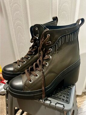 Olive Green Platform Converse Lace-Up Boots with Fringe